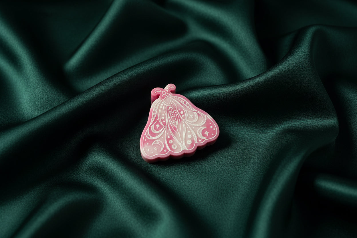 Pink luna moth wax melt on a green surface
