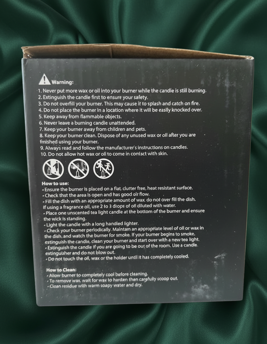 Back of a candle packaging with usage instructions and warnings.