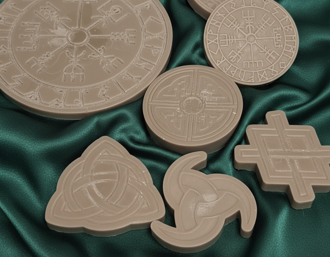 A selection of gray wax melts with various geometric and symbol designs, displayed on a dark fabric surface.
