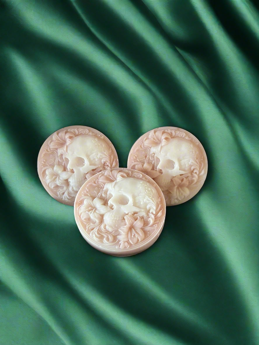 three floral skull wax melts, macabre