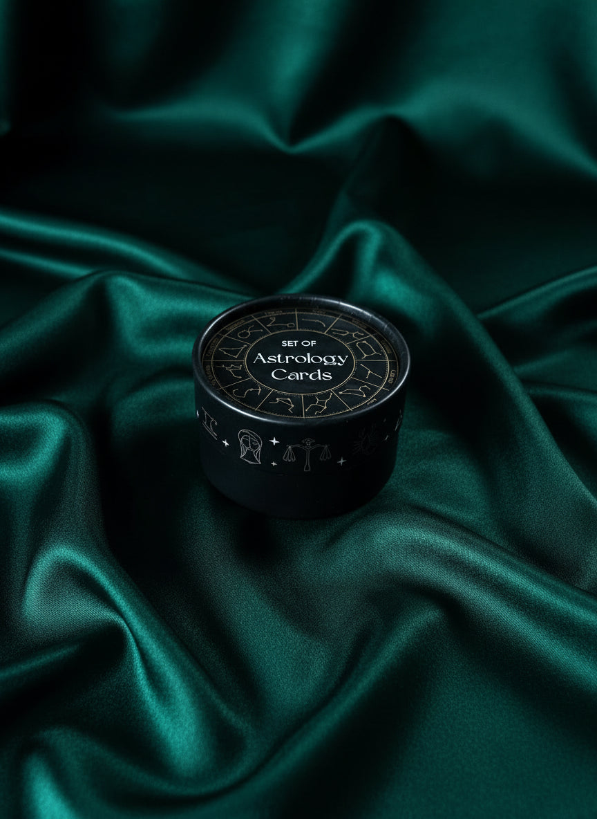 Black cylindrical container labeled 'Set of Astrology Cards' on a wooden surface