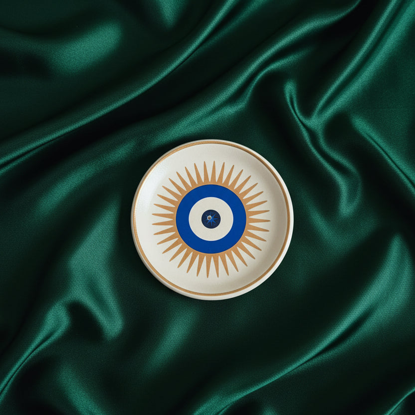 Decorative plate with evil eye design on a green fabric background