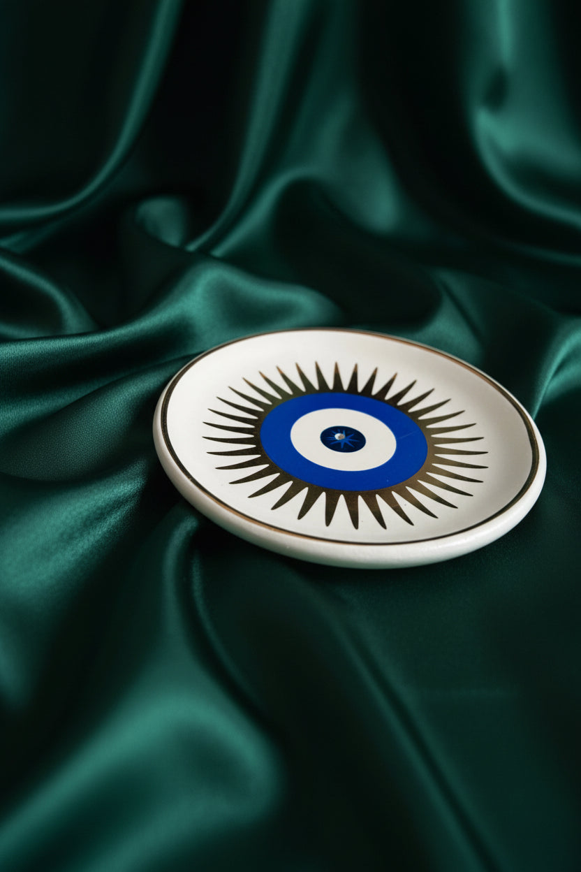 Decorative plate with evil eye design on a green fabric background